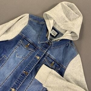 Wax Jean Jacket Womens 1XL Blue Denim Hooded Gray‎ Sweatshirt Sleeves Outdoor